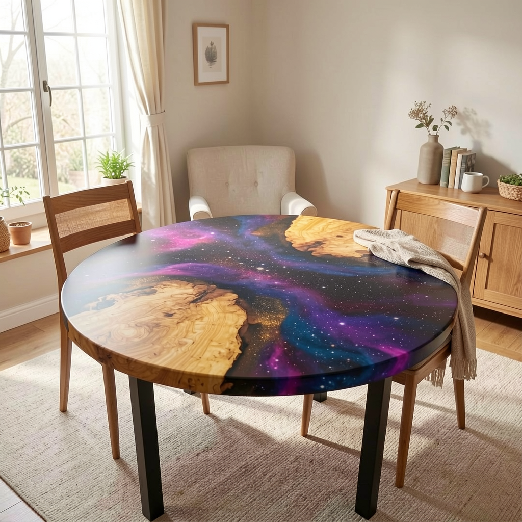 A custom-designed round coffee table made of starry sky epoxy resin and olive wood.
