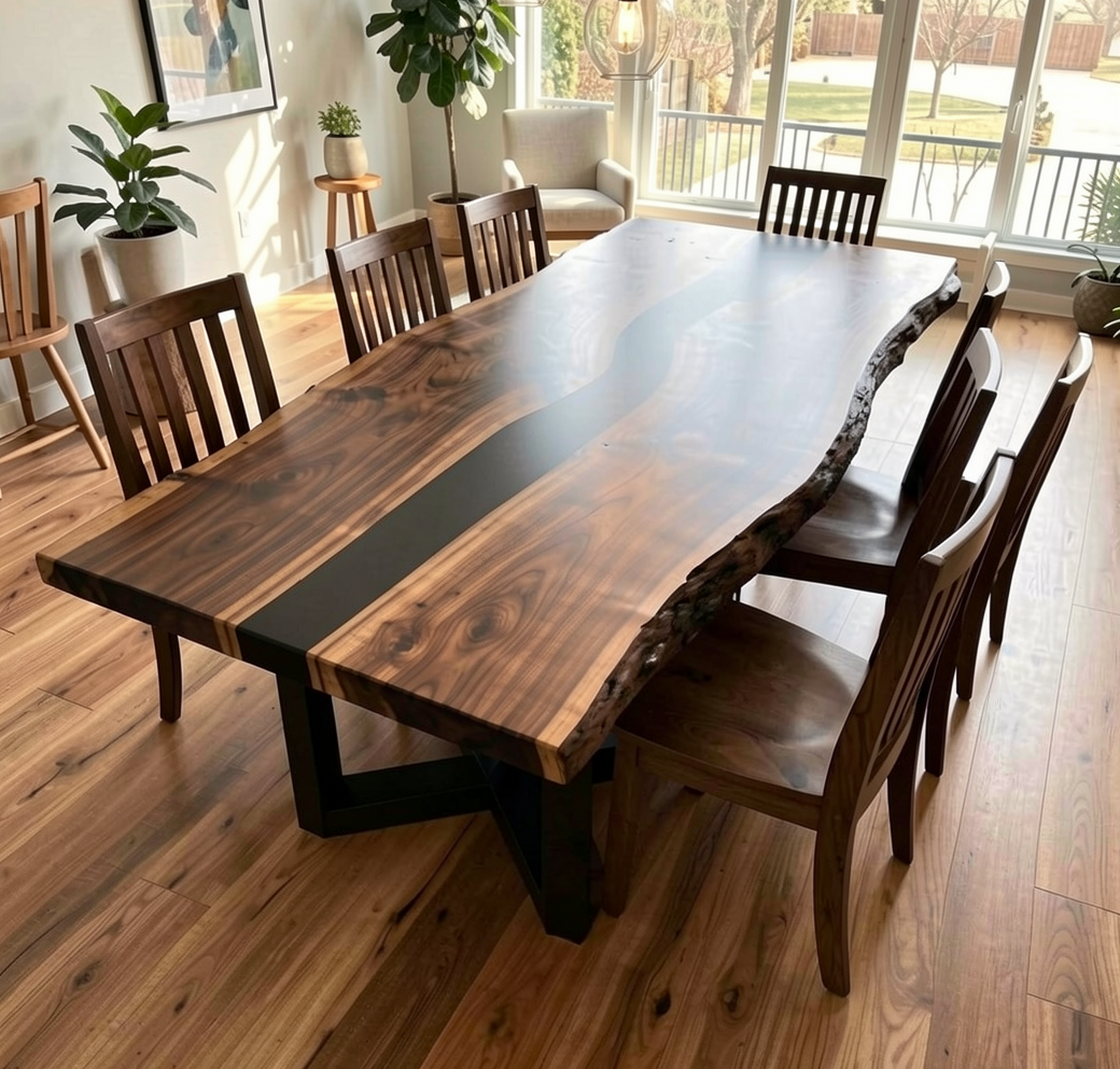 Custom Handmade Black Walnut Table Top with Black Epoxy River