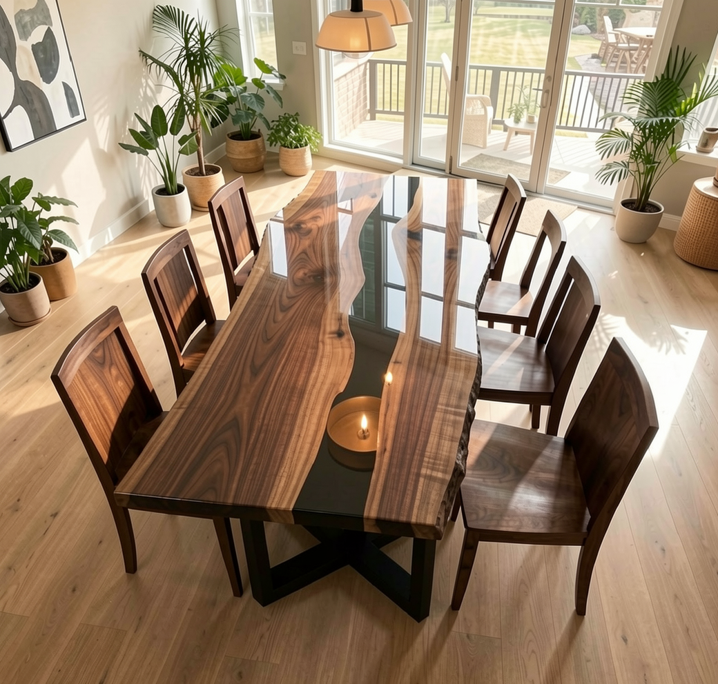 Custom Black Walnut and Black Epoxy River Dining Table Top