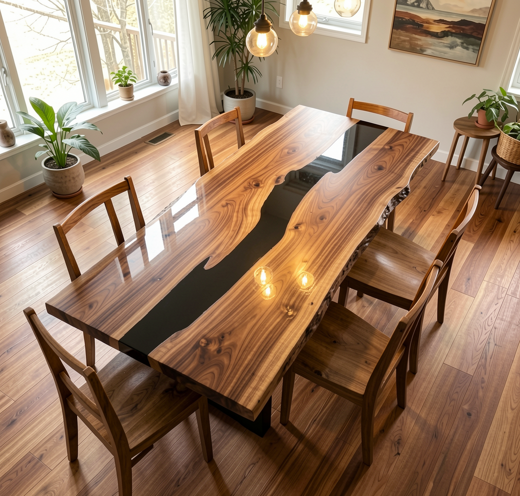 Custom Modern Black Walnut Table Top with Black Epoxy River Design