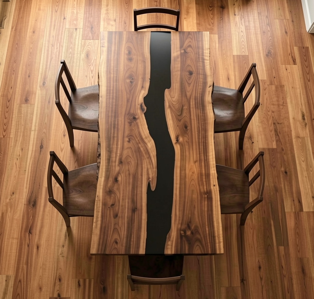 Custom Modern Black Walnut Table Top with Black Epoxy River Design