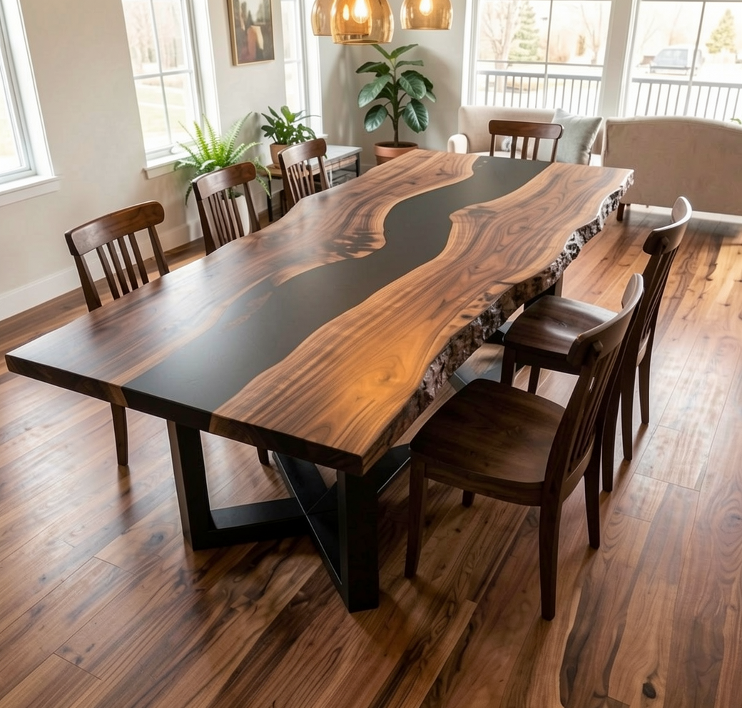 Custom Solid Wood Black Walnut Dining Table Top with Black Epoxy River
