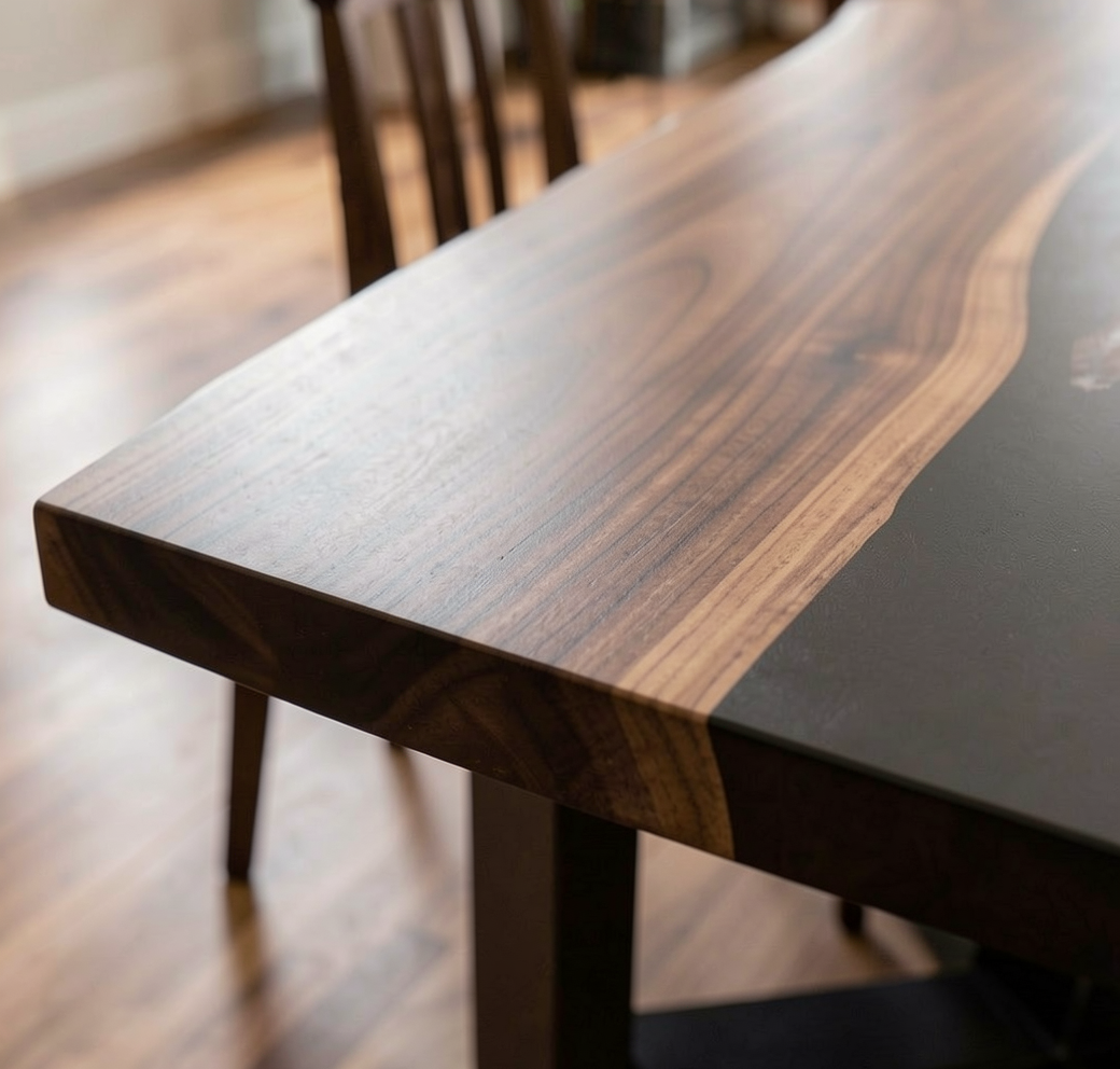 Custom Solid Wood Black Walnut Dining Table Top with Black Epoxy River