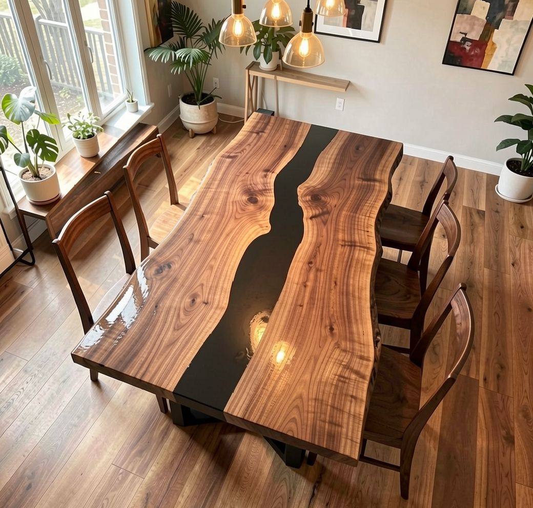 Custom Natural Edge Black Walnut Table Slab with Black Epoxy River