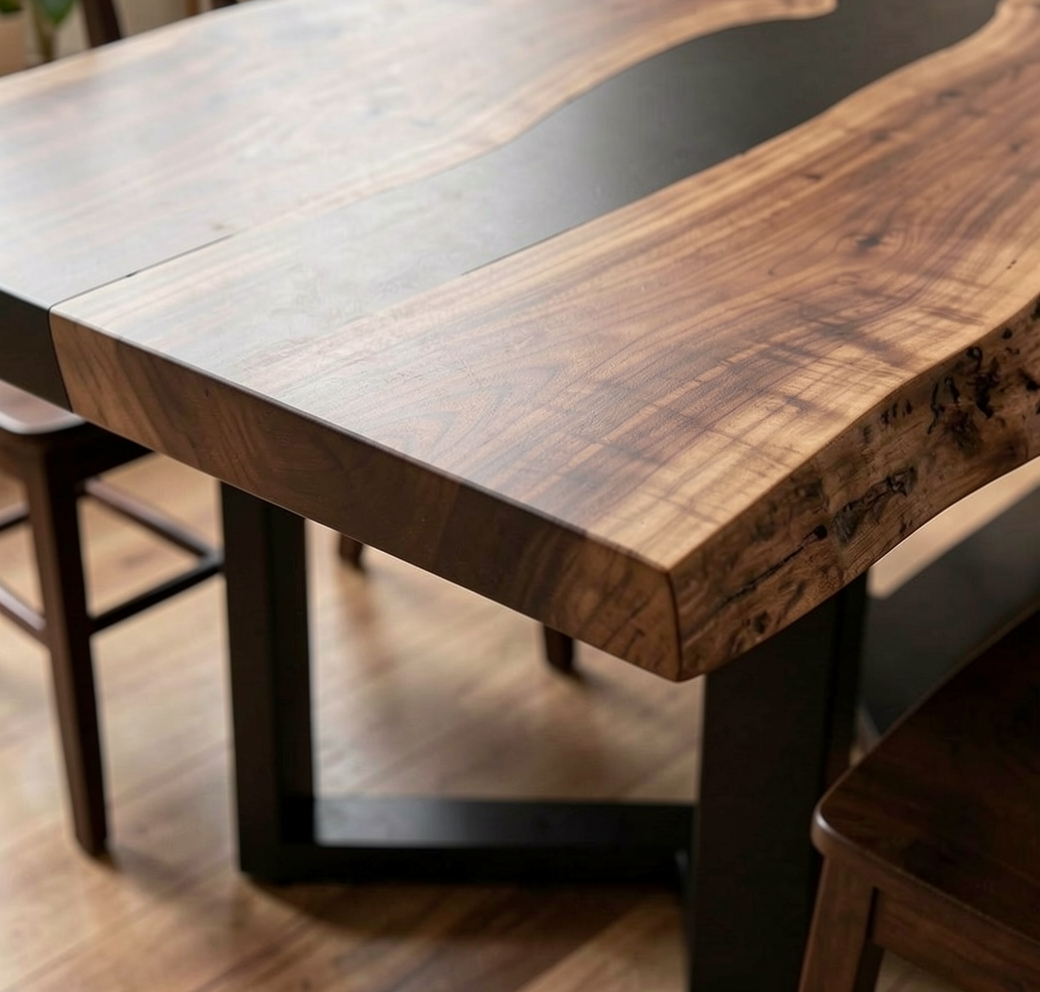 Custom Natural Edge Black Walnut Table Slab with Black Epoxy River