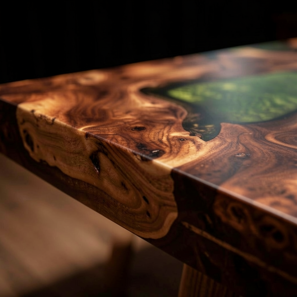 Customized green epoxy resin walnut wood dining table