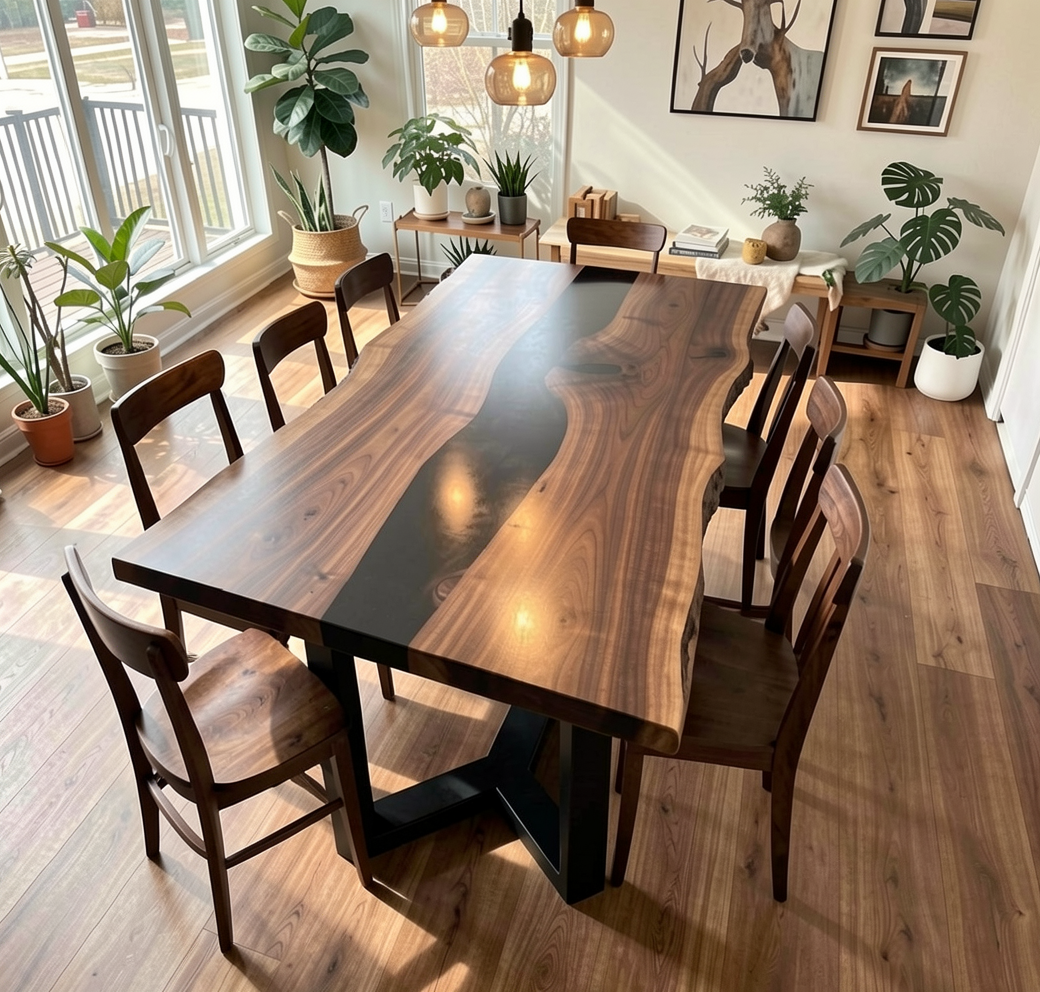 Custom Natural Edge Black Walnut Table Slab with Black Epoxy River