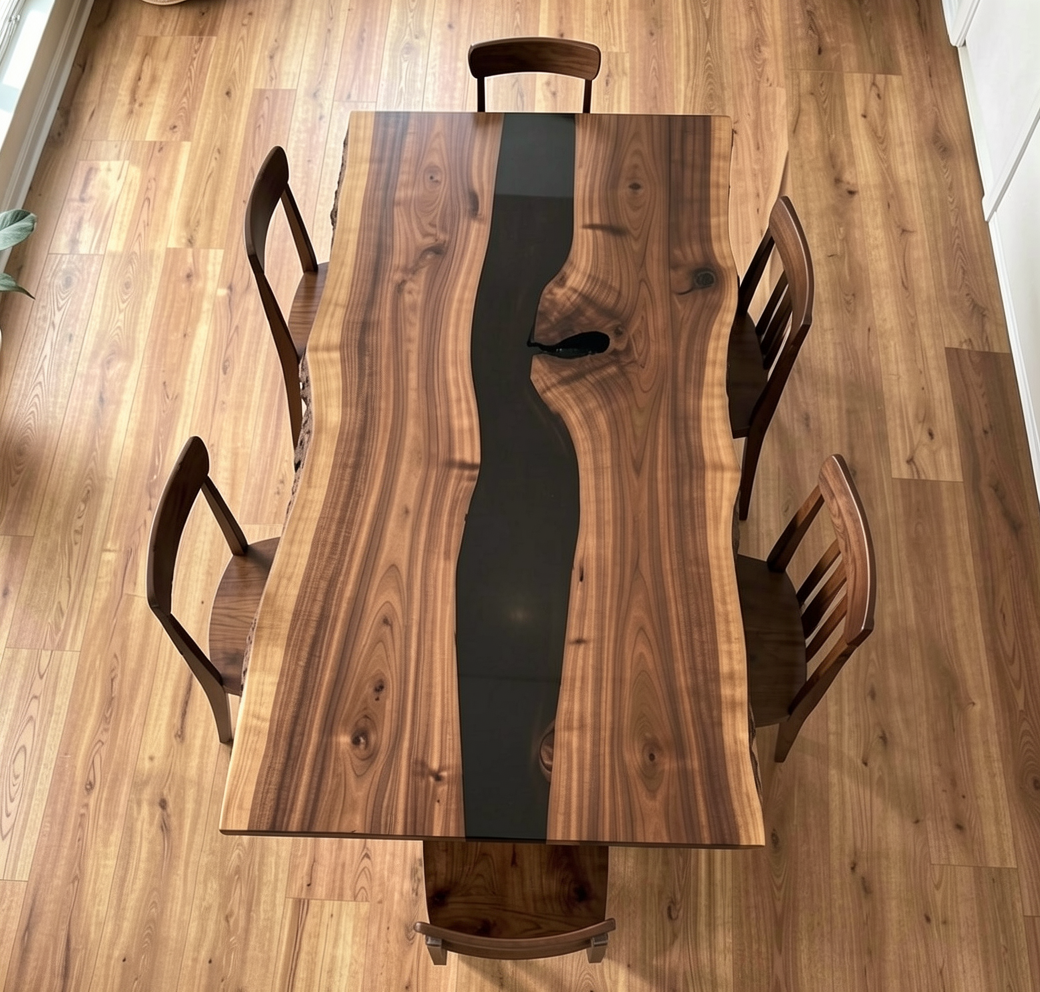Custom Natural Edge Black Walnut Table Slab with Black Epoxy River