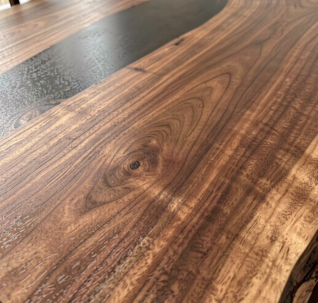 Custom Natural Edge Black Walnut Table Slab with Black Epoxy River