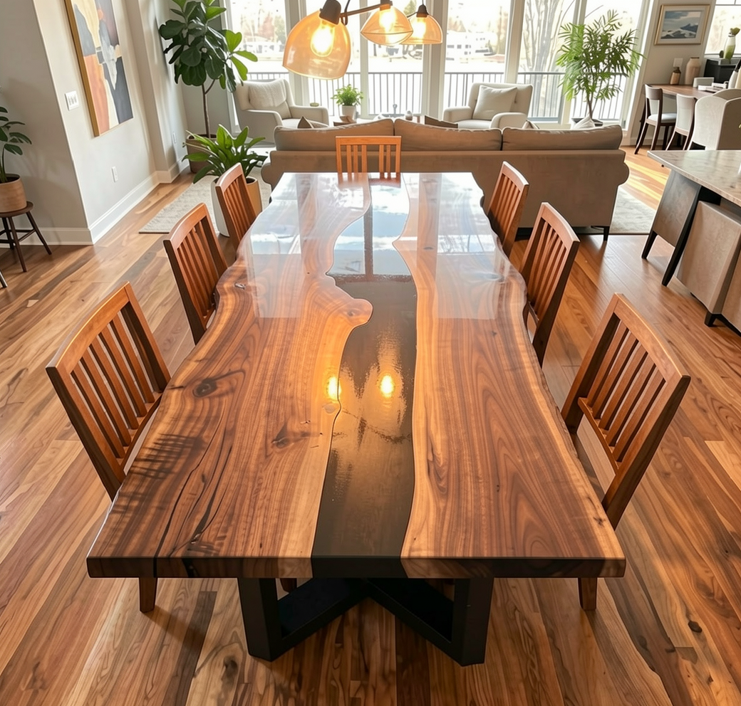 Custom Natural Edge Black Walnut Table Slab with Black Epoxy River