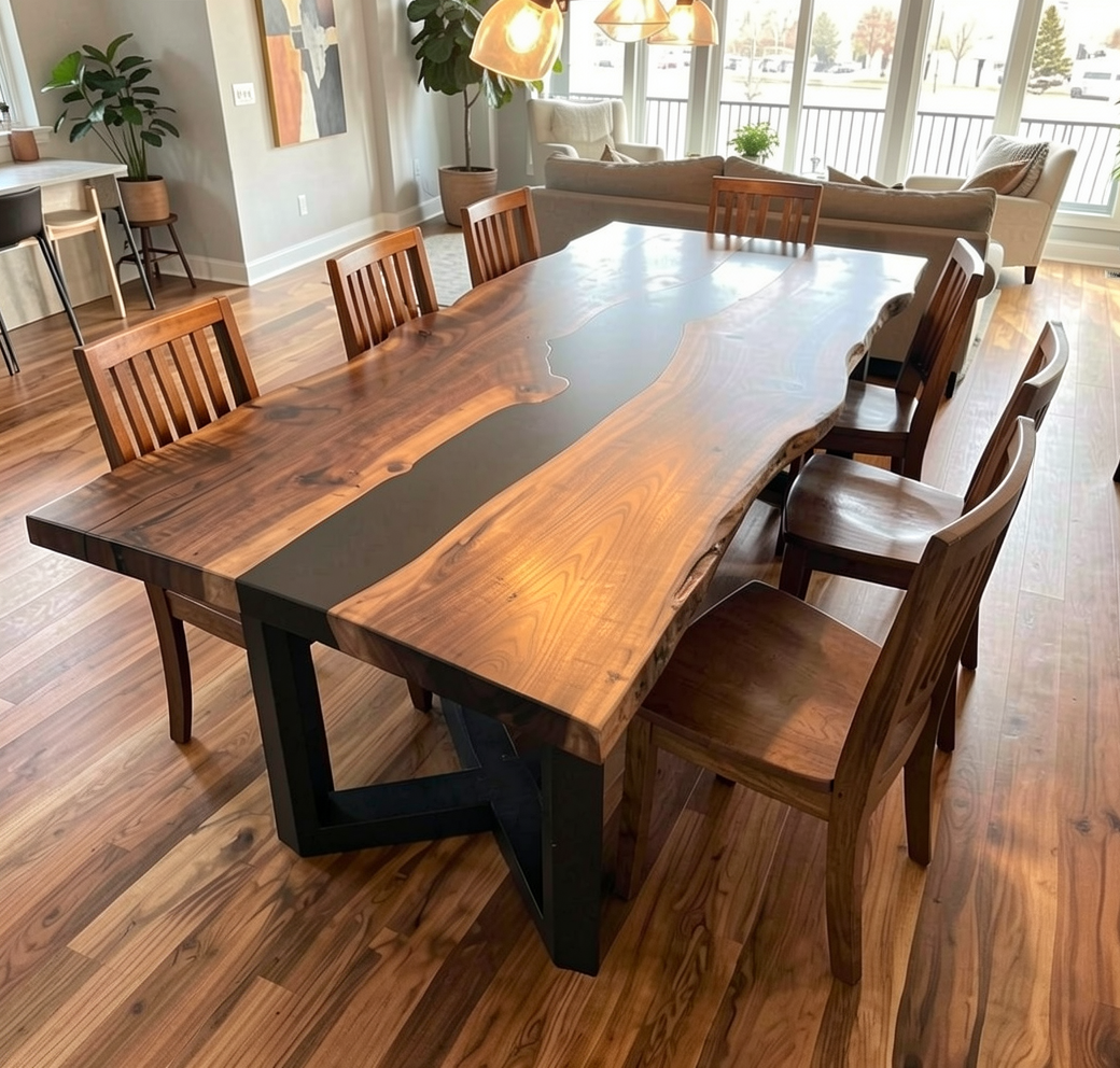 Custom Natural Edge Black Walnut Table Slab with Black Epoxy River