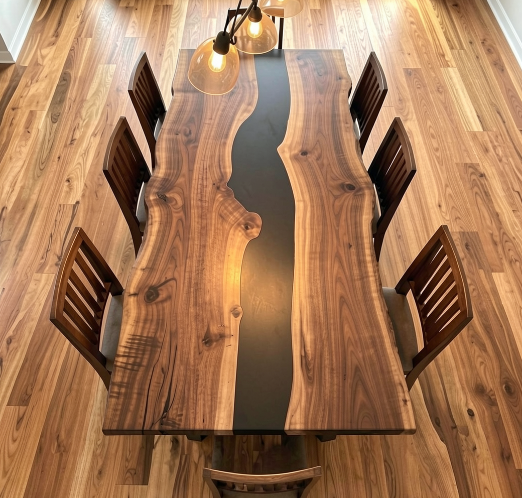 Custom Natural Edge Black Walnut Table Slab with Black Epoxy River