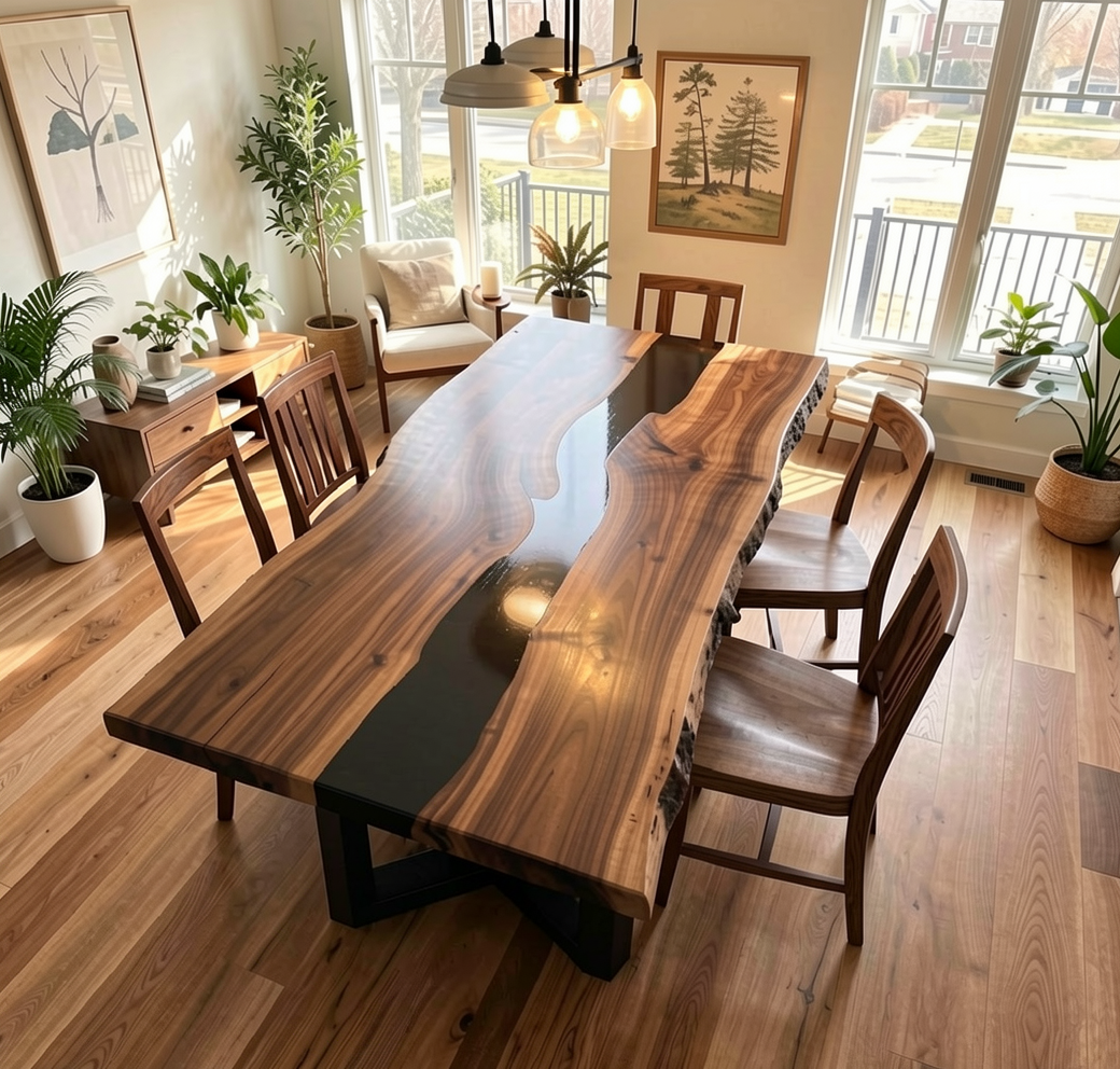 Custom Natural Edge Black Walnut Table Slab with Black Epoxy River