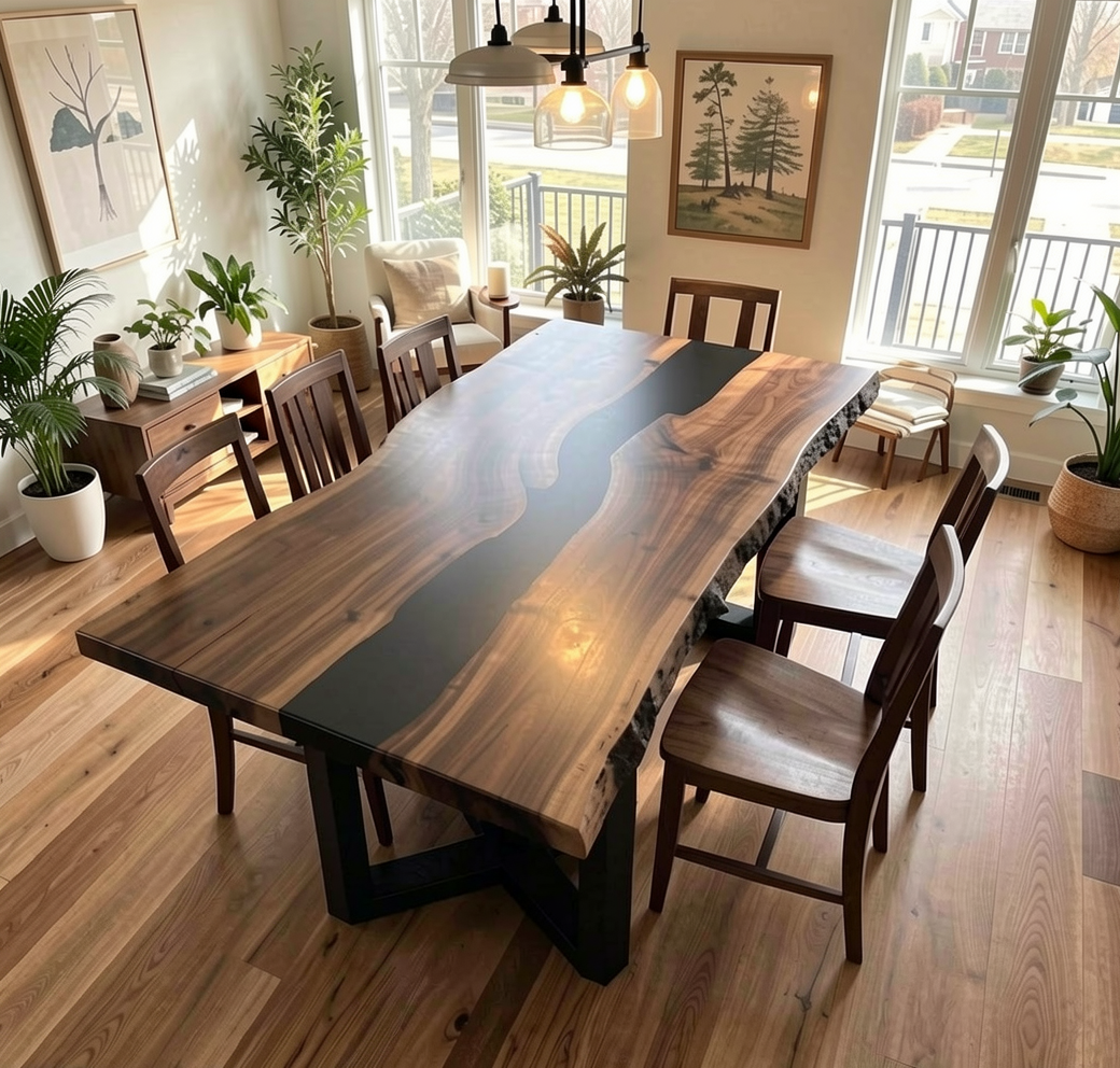 Custom Natural Edge Black Walnut Table Slab with Black Epoxy River