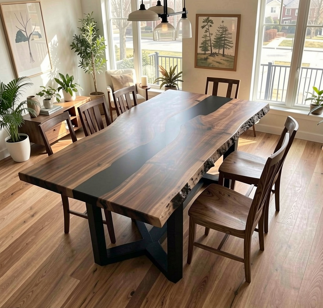 Custom Natural Edge Black Walnut Table Slab with Black Epoxy River
