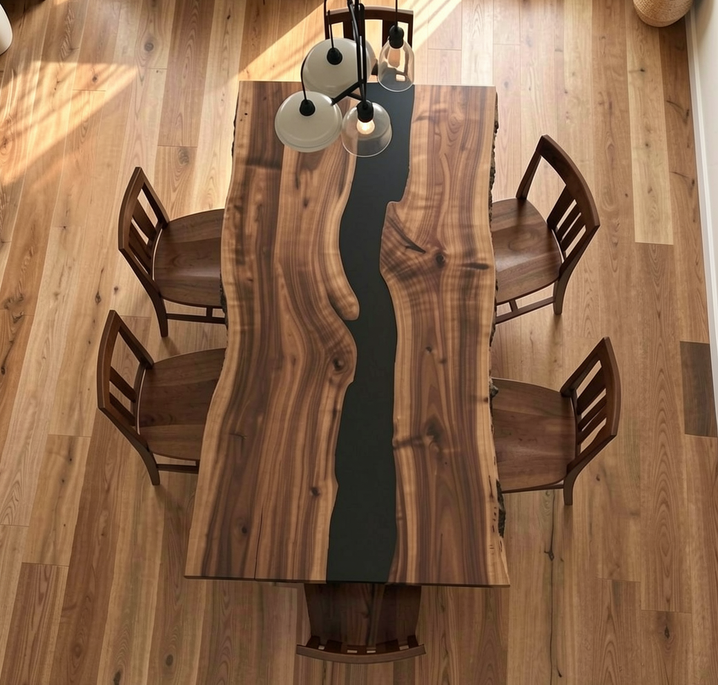Custom Natural Edge Black Walnut Table Slab with Black Epoxy River