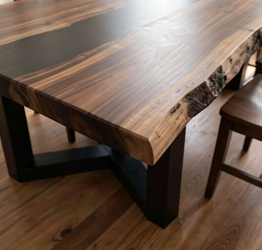 Custom Natural Edge Black Walnut Table Slab with Black Epoxy River