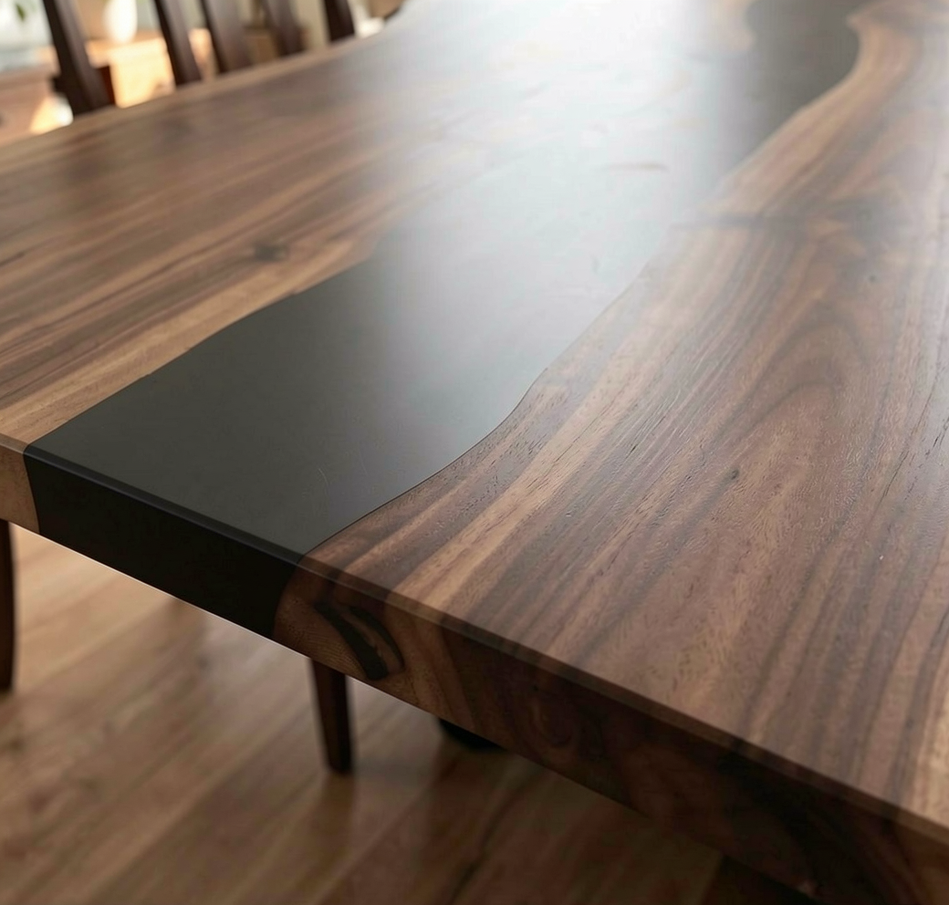 Custom Natural Edge Black Walnut Table Slab with Black Epoxy River