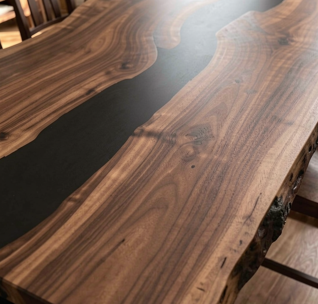 Custom Natural Edge Black Walnut Table Slab with Black Epoxy River