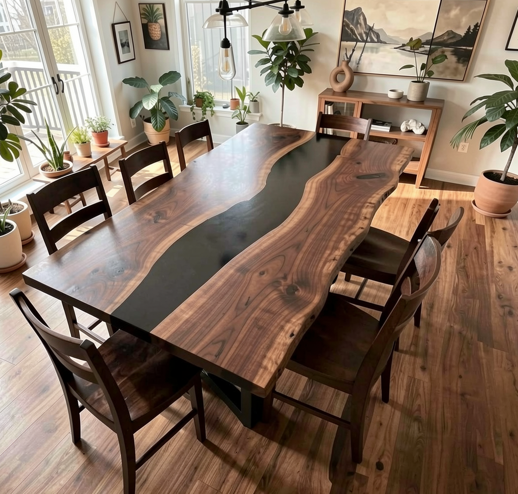Custom Natural Edge Black Walnut Table Slab with Black Epoxy River