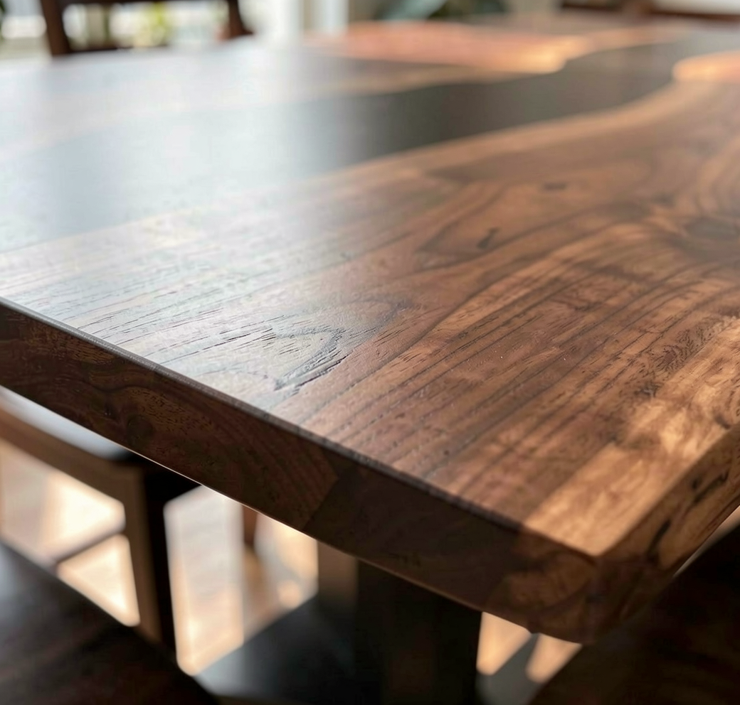 Custom Natural Edge Black Walnut Table Slab with Black Epoxy River