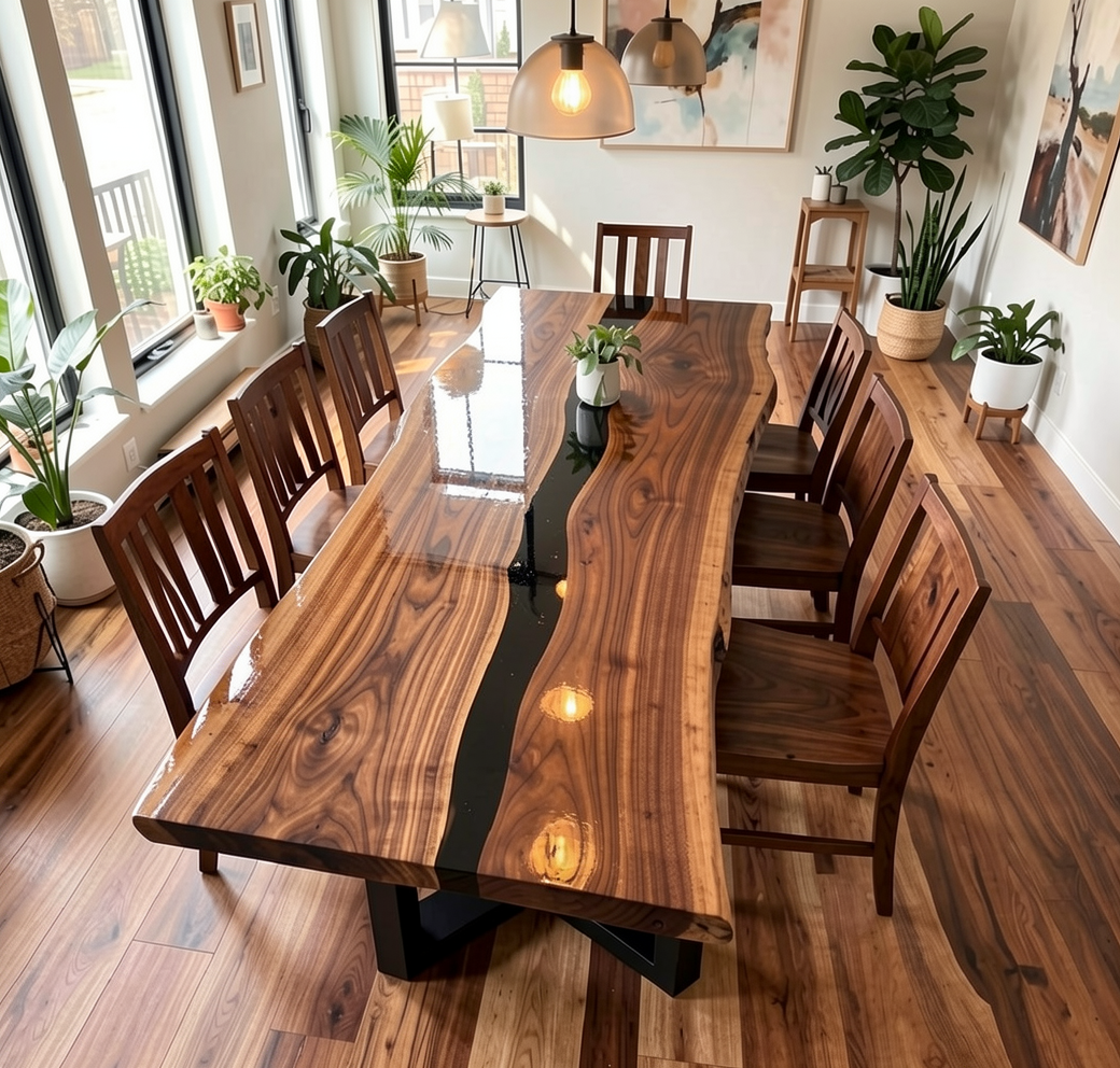 Custom Natural Edge Black Walnut Table Slab with Black Epoxy River