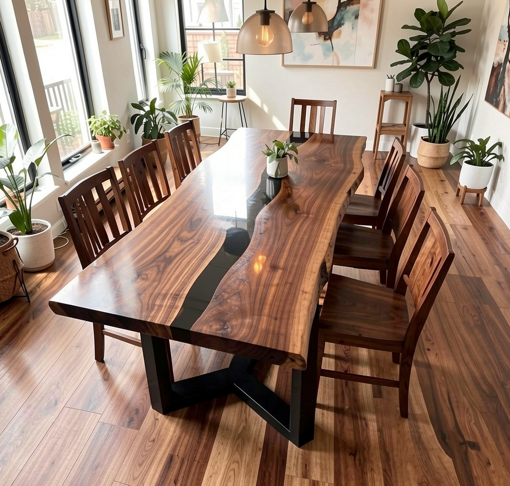 Custom Natural Edge Black Walnut Table Slab with Black Epoxy River