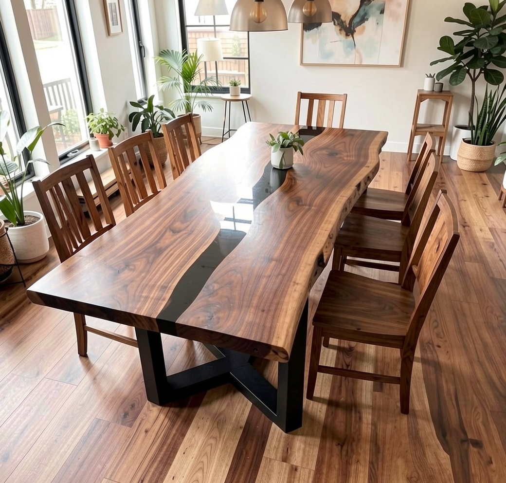 Custom Natural Edge Black Walnut Table Slab with Black Epoxy River