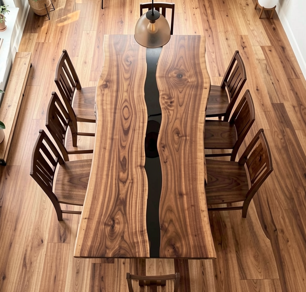 Custom Natural Edge Black Walnut Table Slab with Black Epoxy River