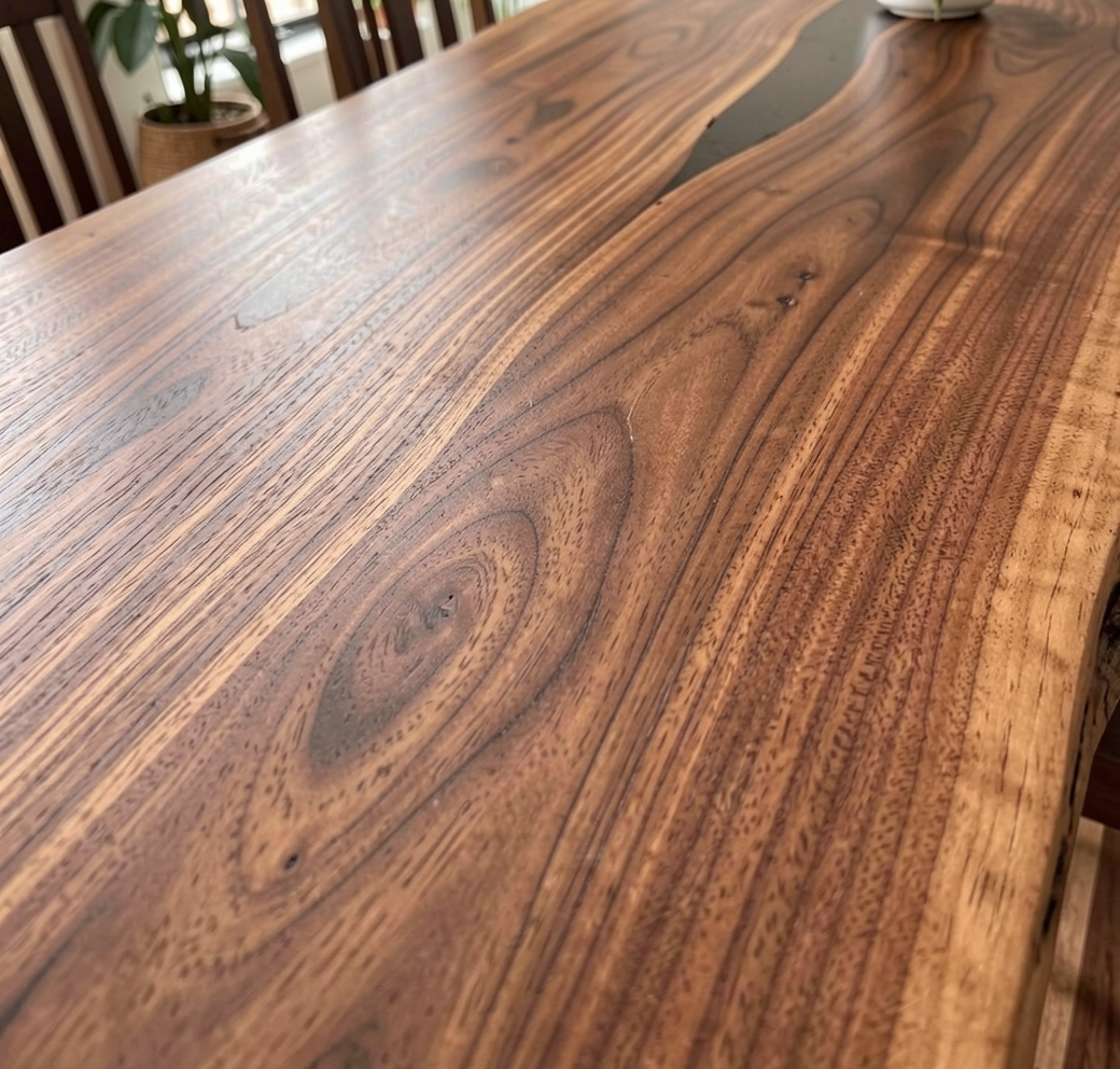 Custom Natural Edge Black Walnut Table Slab with Black Epoxy River