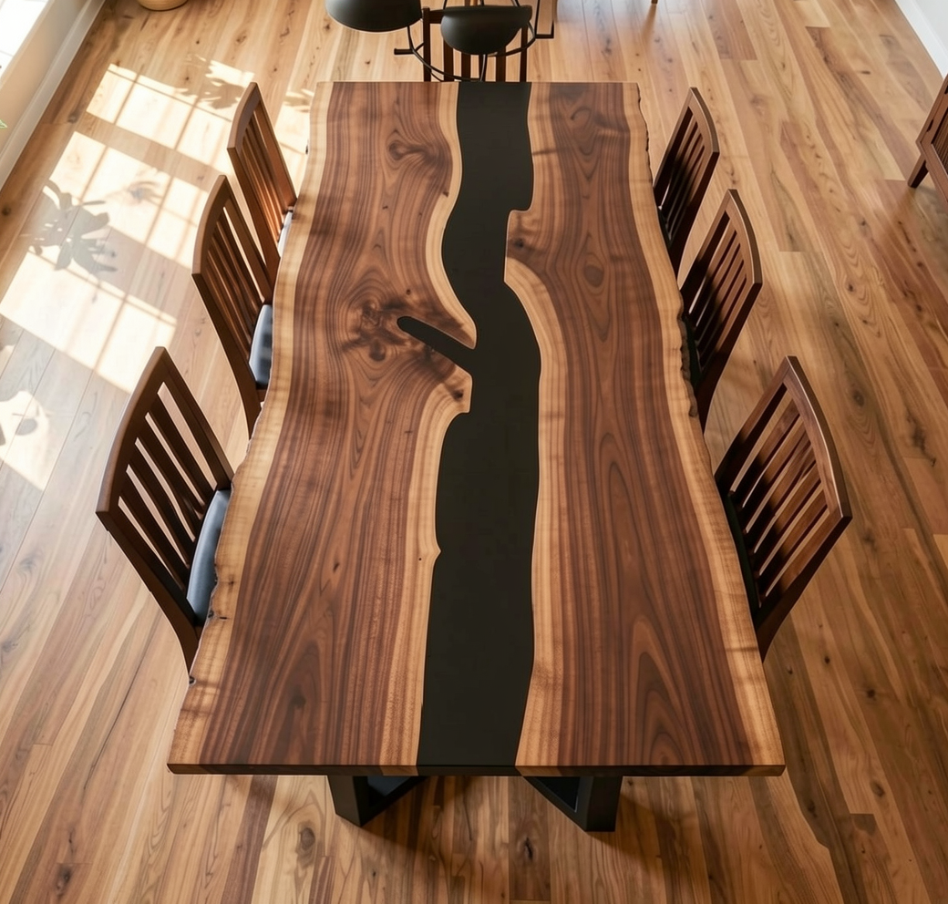 Custom Natural Edge Black Walnut Table Slab with Black Epoxy River