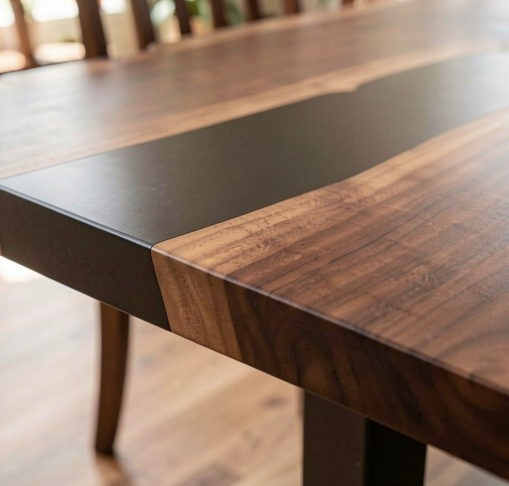 Custom Natural Edge Black Walnut Table Slab with Black Epoxy River