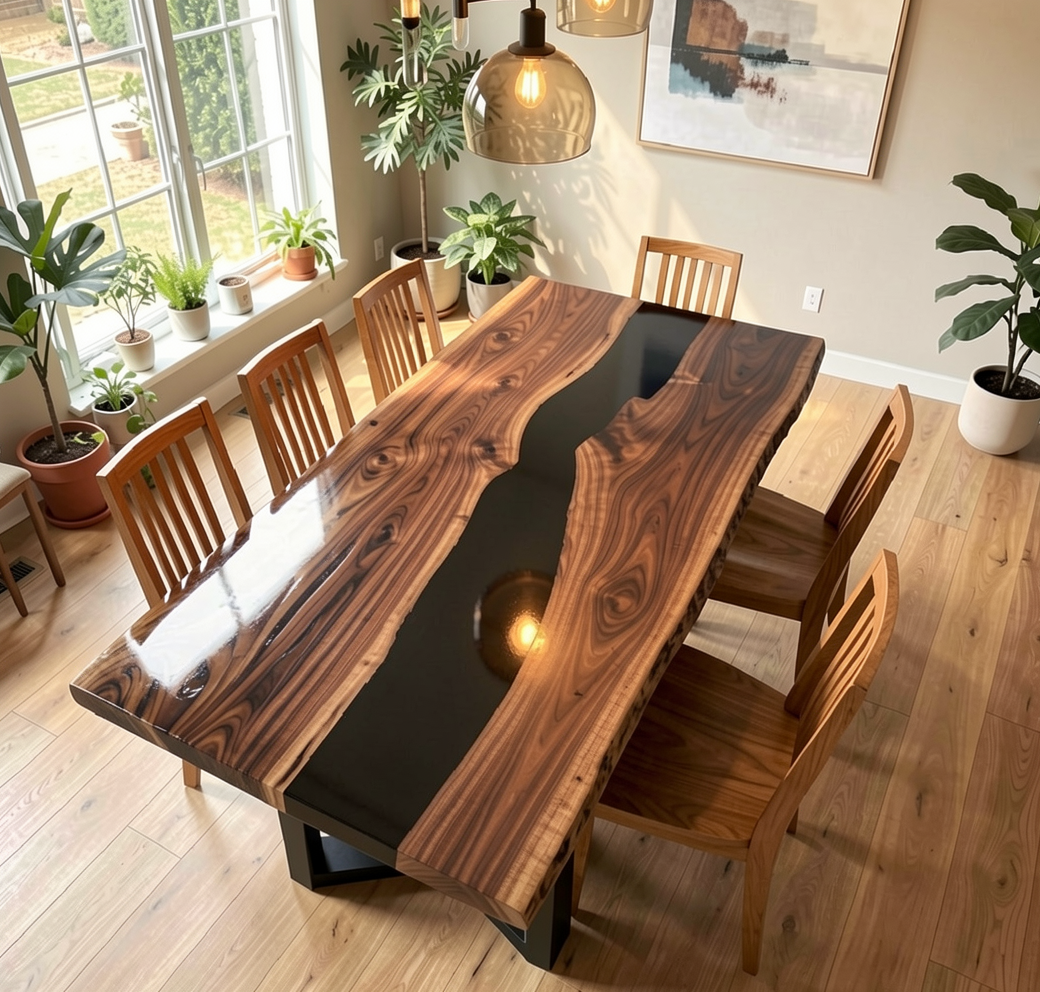 Custom Natural Edge Black Walnut Table Slab with Black Epoxy River