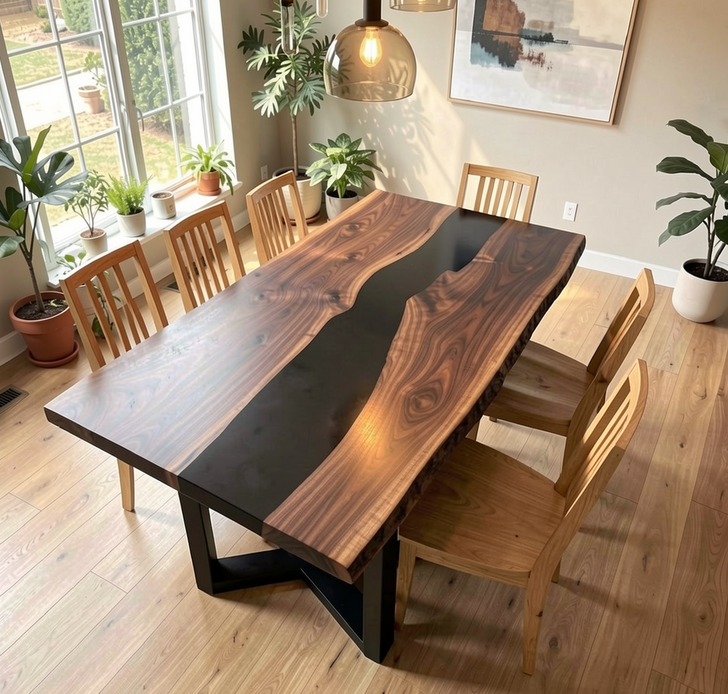 Custom Natural Edge Black Walnut Table Slab with Black Epoxy River