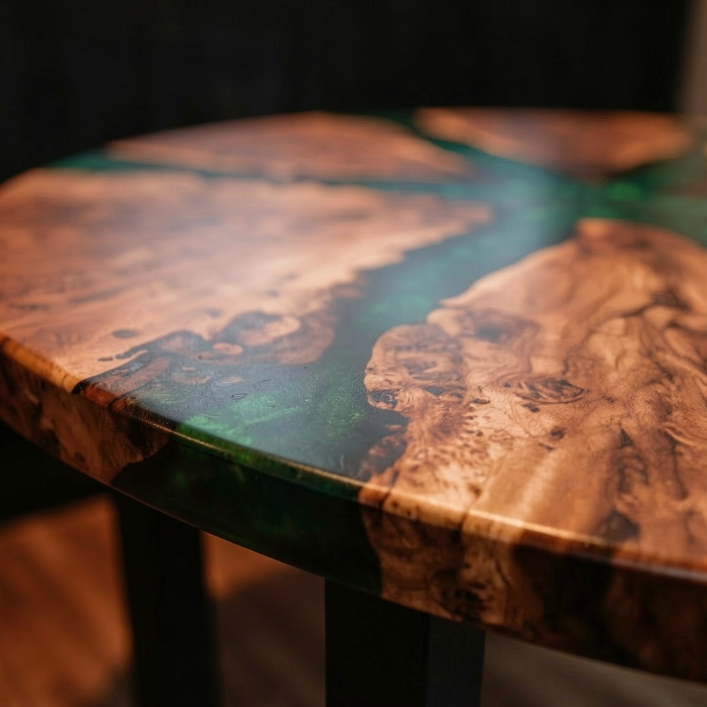 Custom-made cedar burl epoxy resin coffee table