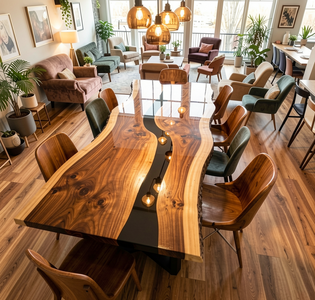 Custom Natural Edge Black Walnut Table Slab with Black Epoxy River