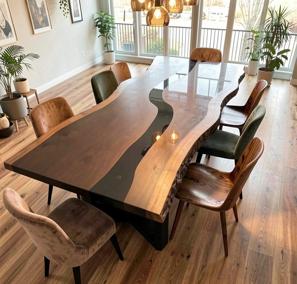 Custom Natural Edge Black Walnut Table Slab with Black Epoxy River