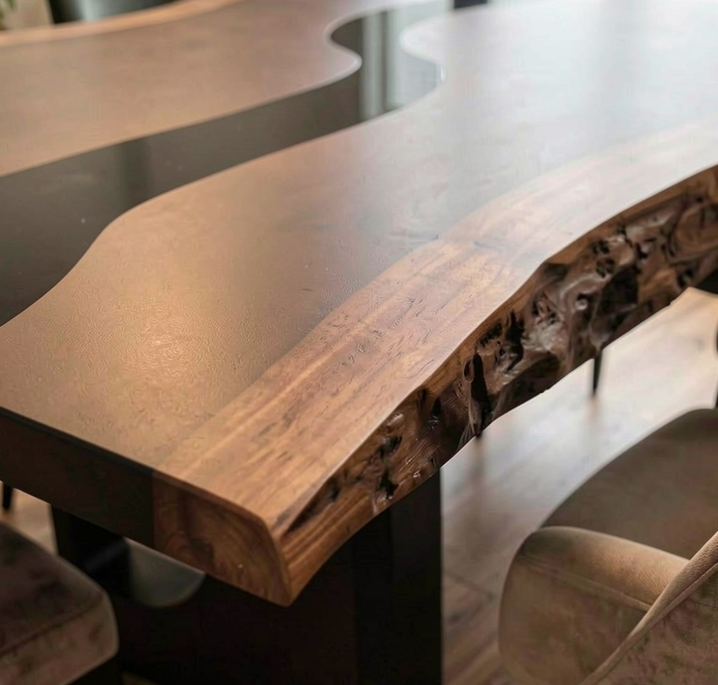 Custom Natural Edge Black Walnut Table Slab with Black Epoxy River