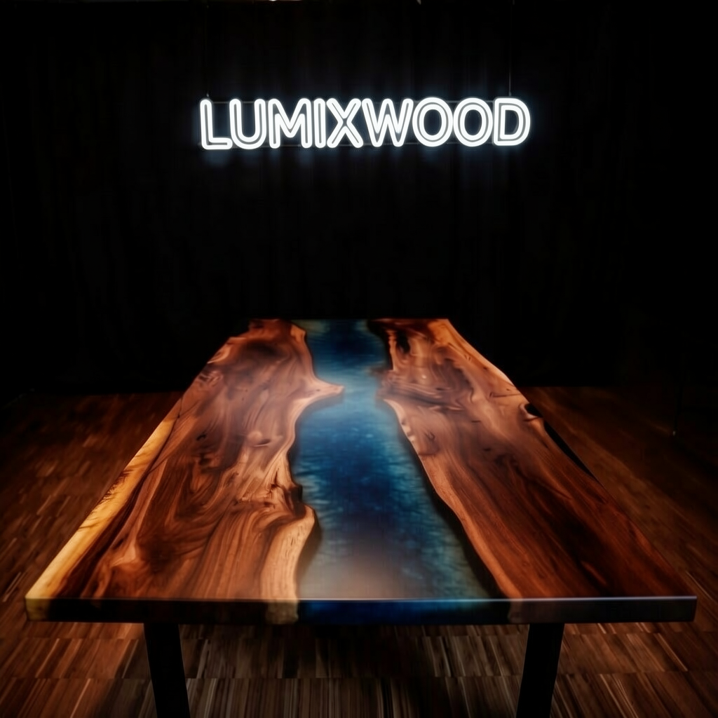 Custom blue epoxy resin dining table, made of walnut wood