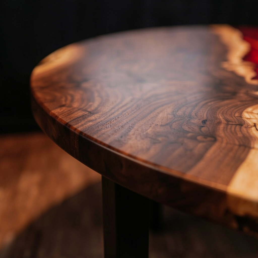 Custom-made epoxy resin dining table, made of black walnut wood.