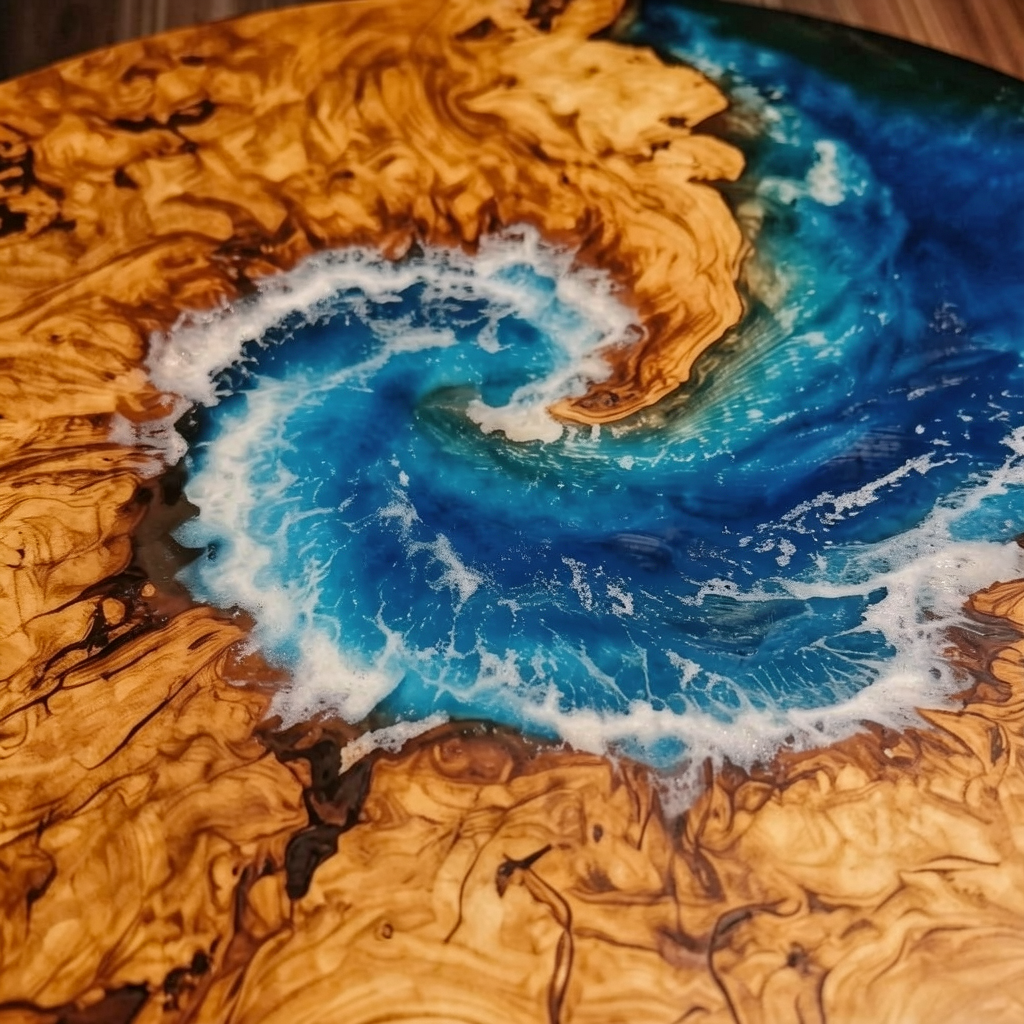 Custom-made round ocean epoxy resin coffee table, made with olive wood.