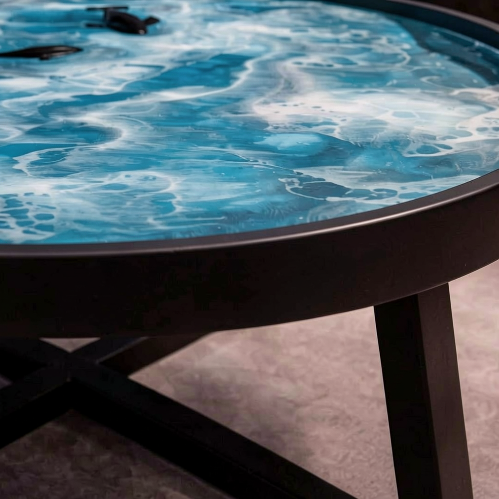 Custom-designed ocean-themed epoxy resin round coffee table