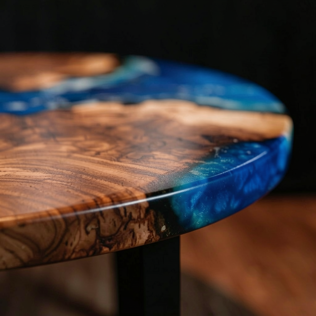 This custom-made, wave-shaped round coffee table is made of olive wood.