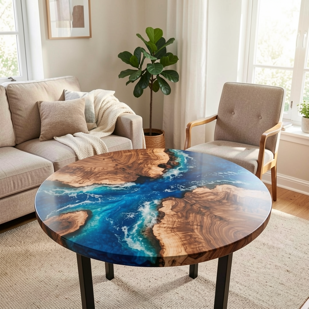 This custom-made, wave-shaped round coffee table is made of olive wood.