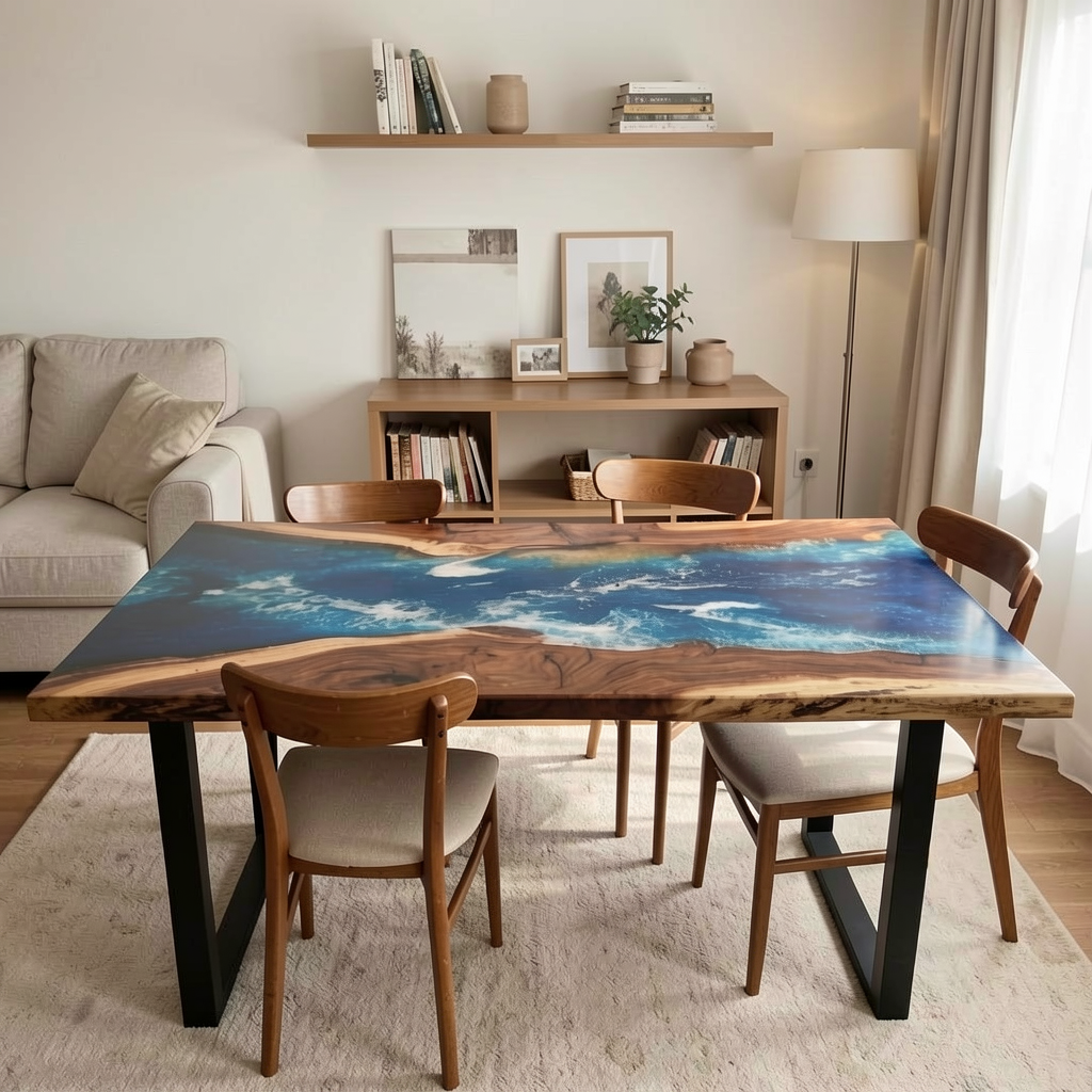 Custom walnut wood epoxy resin dining table