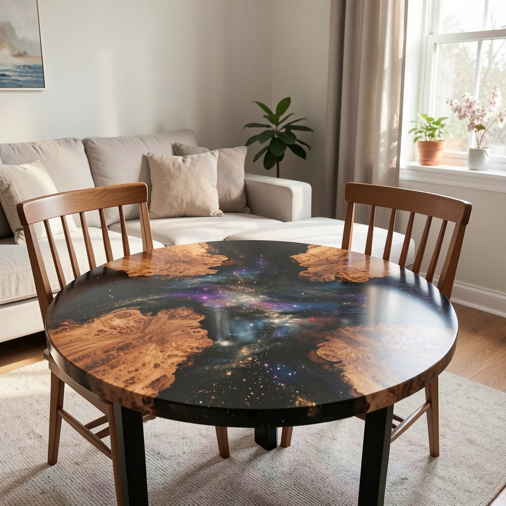 Custom-made cedar burl epoxy resin dining table