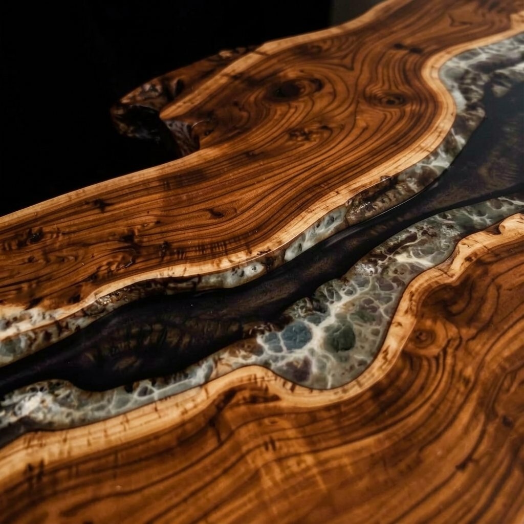 Custom-made walnut wood epoxy resin natural side table