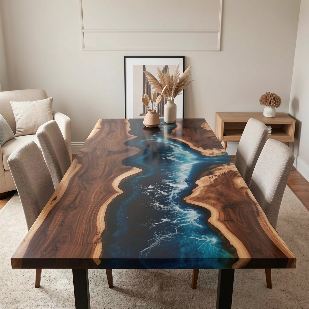 Custom North American black walnut wood epoxy resin wave-shaped coffee table