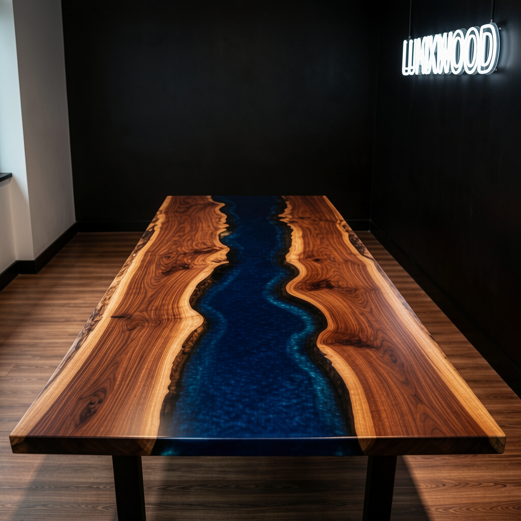 Custom-made wave-patterned epoxy resin dining table, made of black walnut wood.