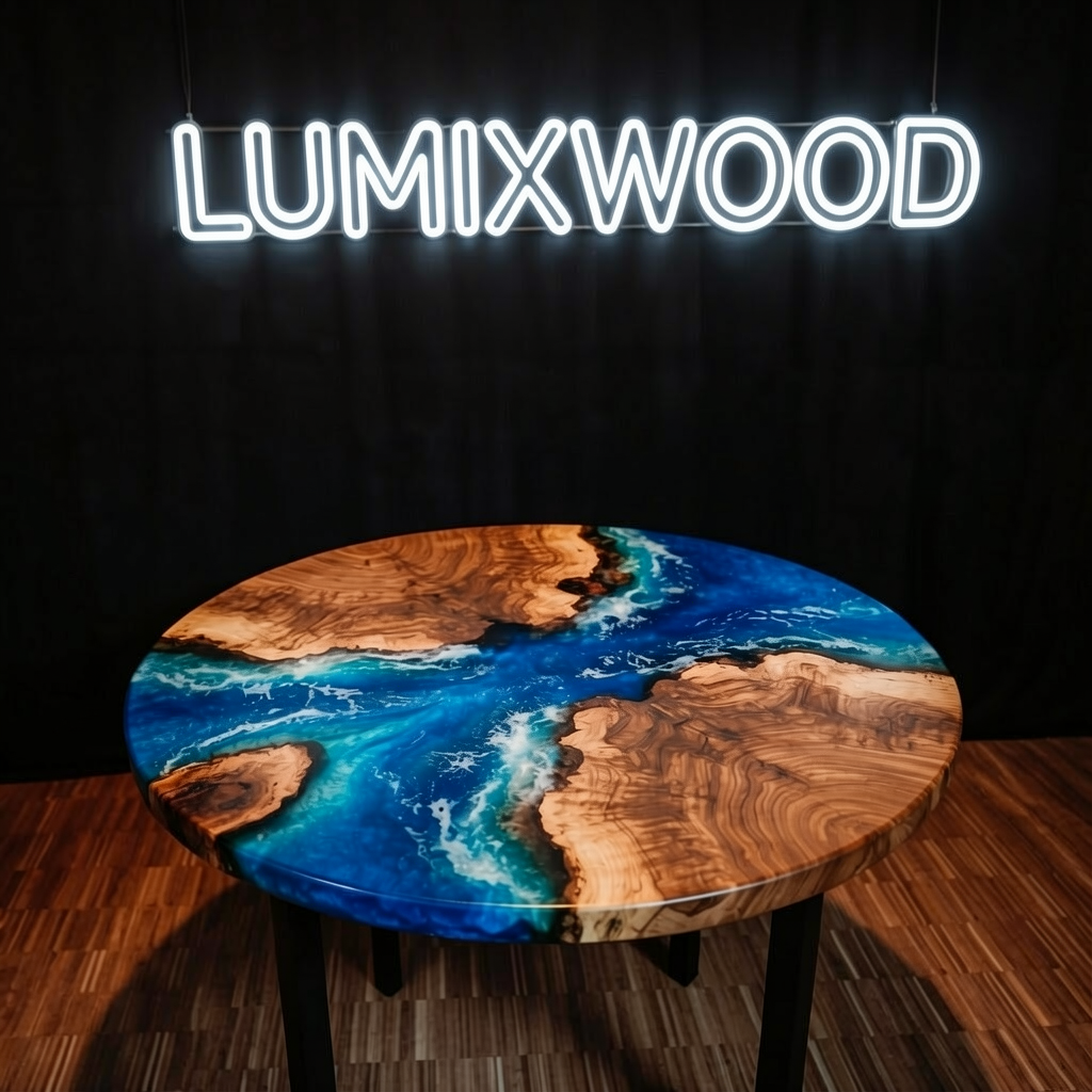 This custom-made, wave-shaped round coffee table is made of olive wood.